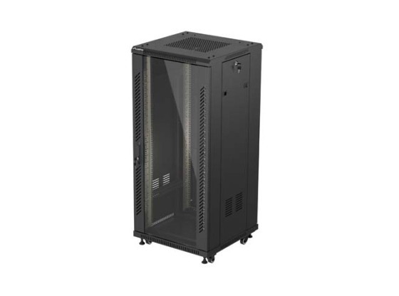 RACKSKÅP 19" FRISTÅENDE 27U/600X600 (FLAT PACK) MED GLASDÖRR SVART LANBERG