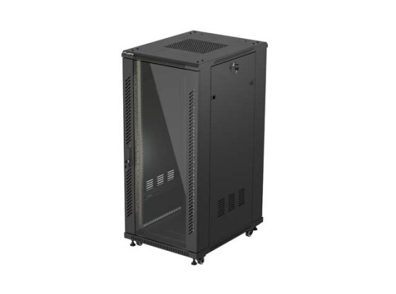 RACKSKÅP 19" FRISTÅENDE 27U/600X800 (FLAT PACK) MED GLASDÖRR SVART LANBERG