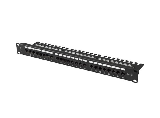 PATCHPANEL 24 PORT 1U 19" CAT.5E UTP MED HYLLA SVART LANBERG