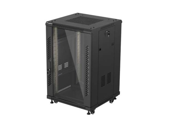 19-tums fristående rackskåp, 18U/600×600 (plattpaket) med glasdörr, svart, LANBERG