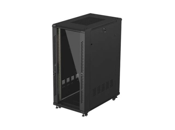 19-tums fristående rackskåp, 27U/600×1000 (plattpaket) med glasdörr, svart, LANBERG