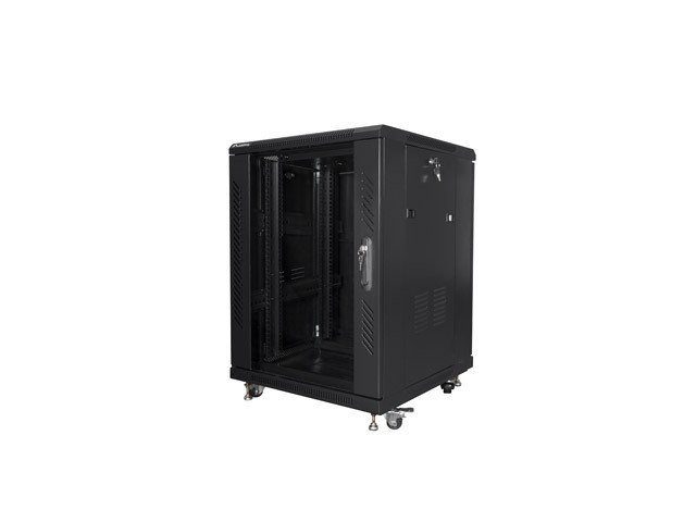 RACKSKÅP 19" FRISTÅENDE 15U/600X600 MED GLASDÖRR SVART LANBERG (MONTERAD)